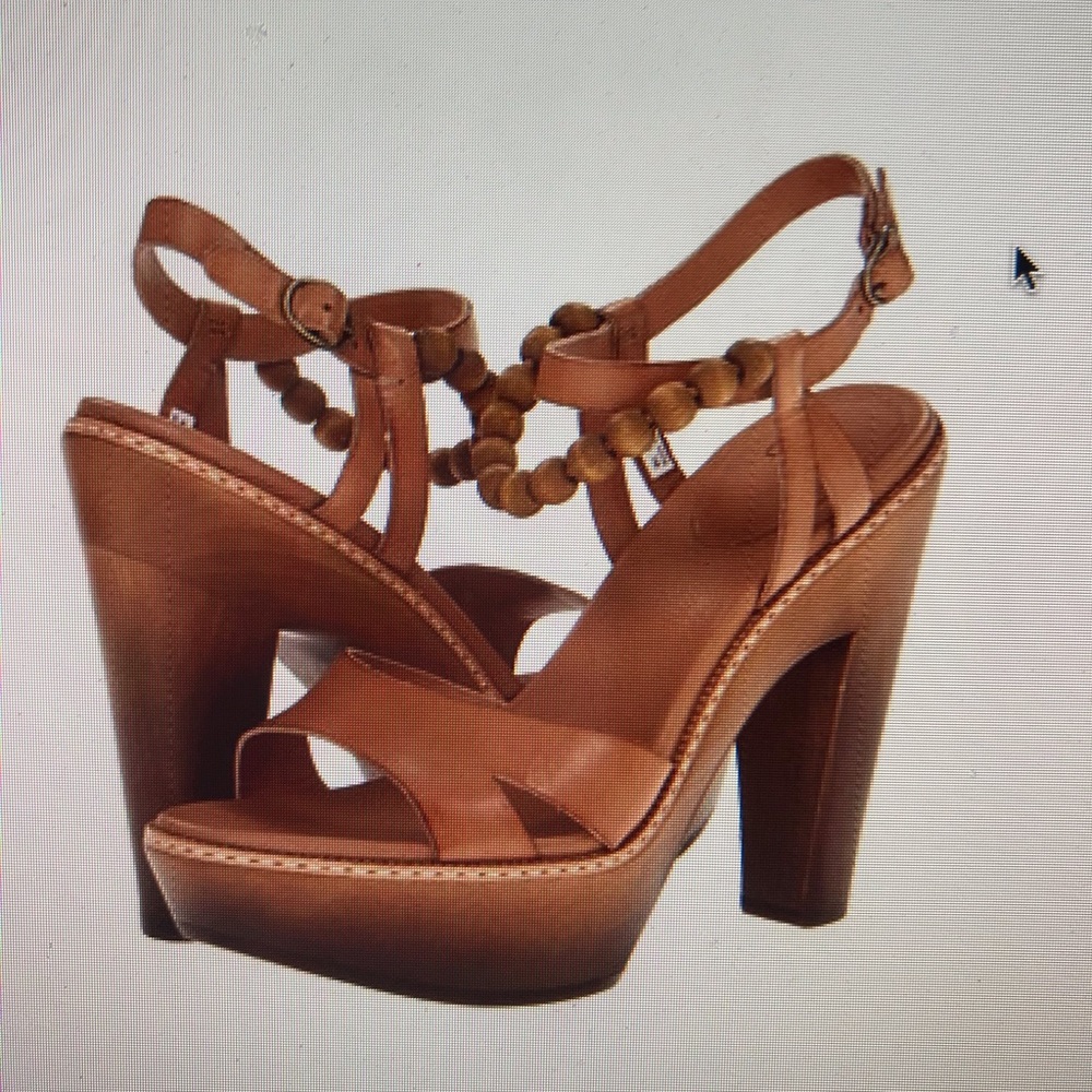 UGG tan nude leather peep toe retro heels wooden platform bead anklet - Picture 2 of 6